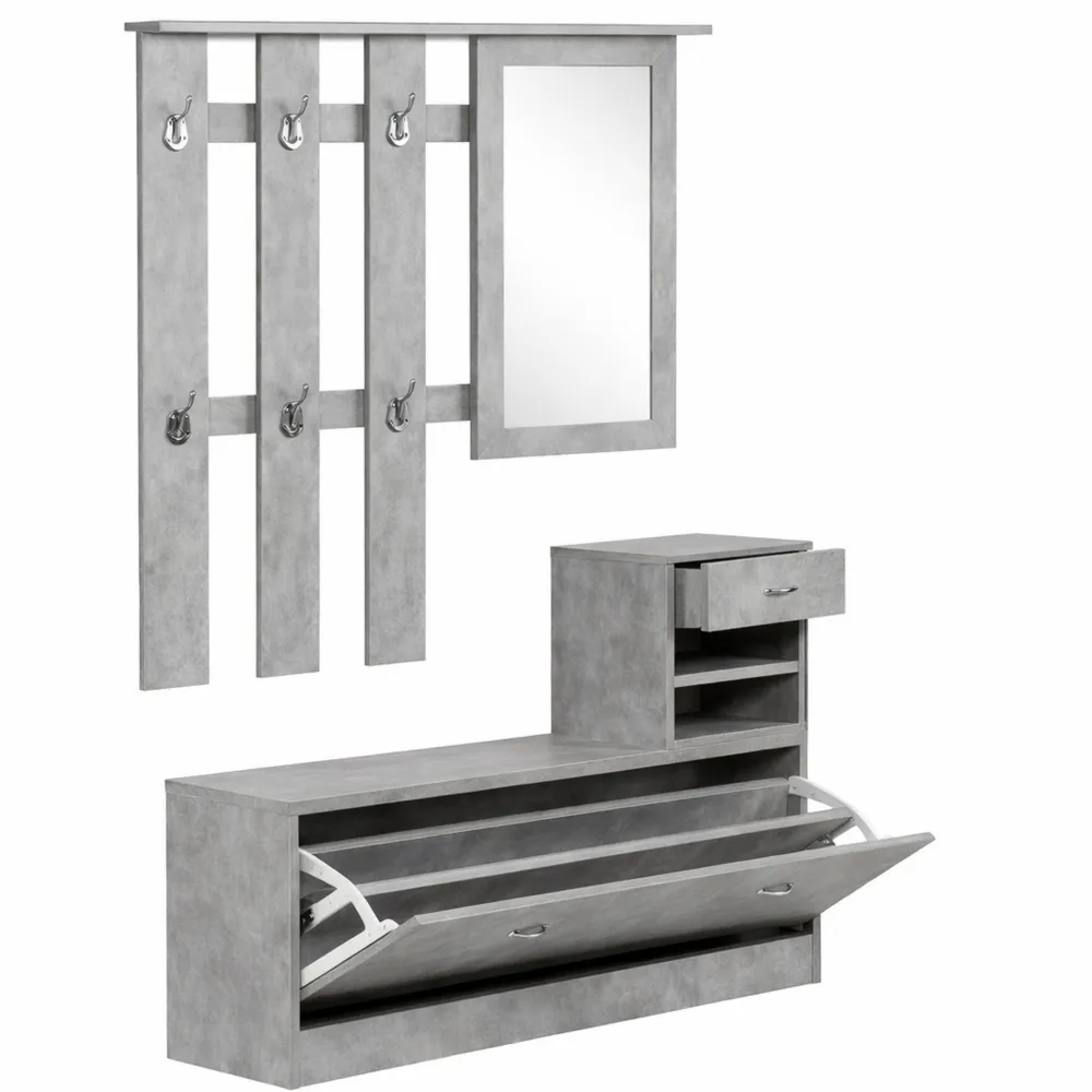 Meuble d'entrée avec porte-manteau, miroir et banc à chaussures - 6 crochets et étagère réglable