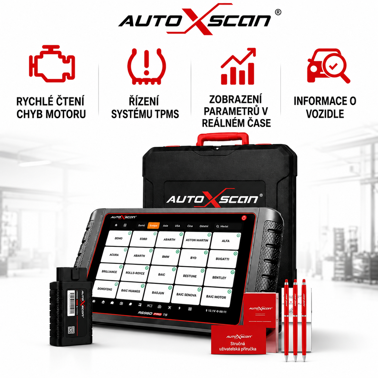 AUTOXSCAN RS960 PRO je profesionální automobilový diagnostický přístroj, který podporuje kompletní diagnostiku systémů, analýzu závad a také diagnostiku a programování systému TPMS. Umožňuje rychlé a přesné odhalení a řešení problémů vozidel.