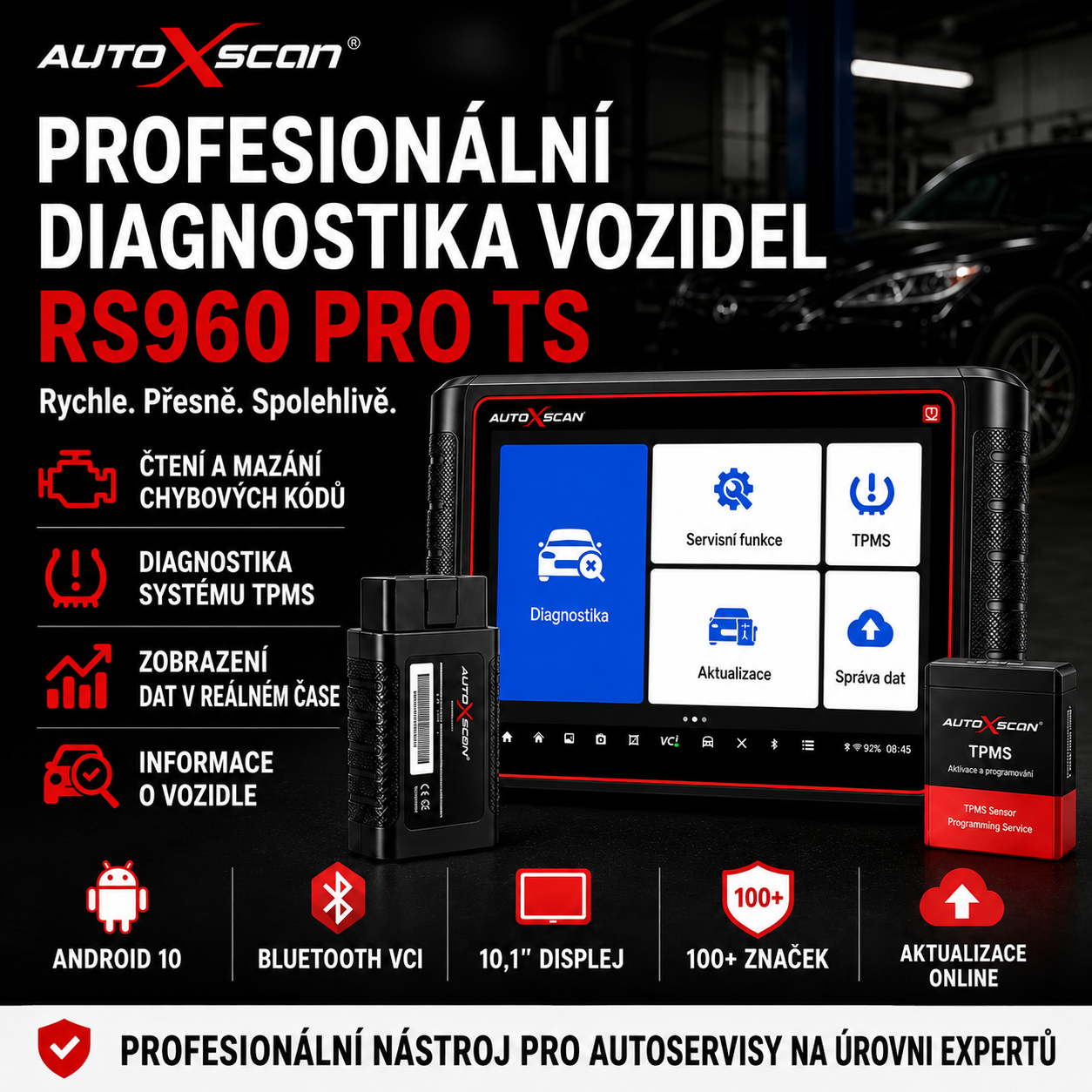 AUTOXSCAN RS960 PRO je profesionální automobilový diagnostický přístroj, který podporuje kompletní diagnostiku systémů, analýzu závad a také diagnostiku a programování systému TPMS. Umožňuje rychlé a přesné odhalení a řešení problémů vozidel.