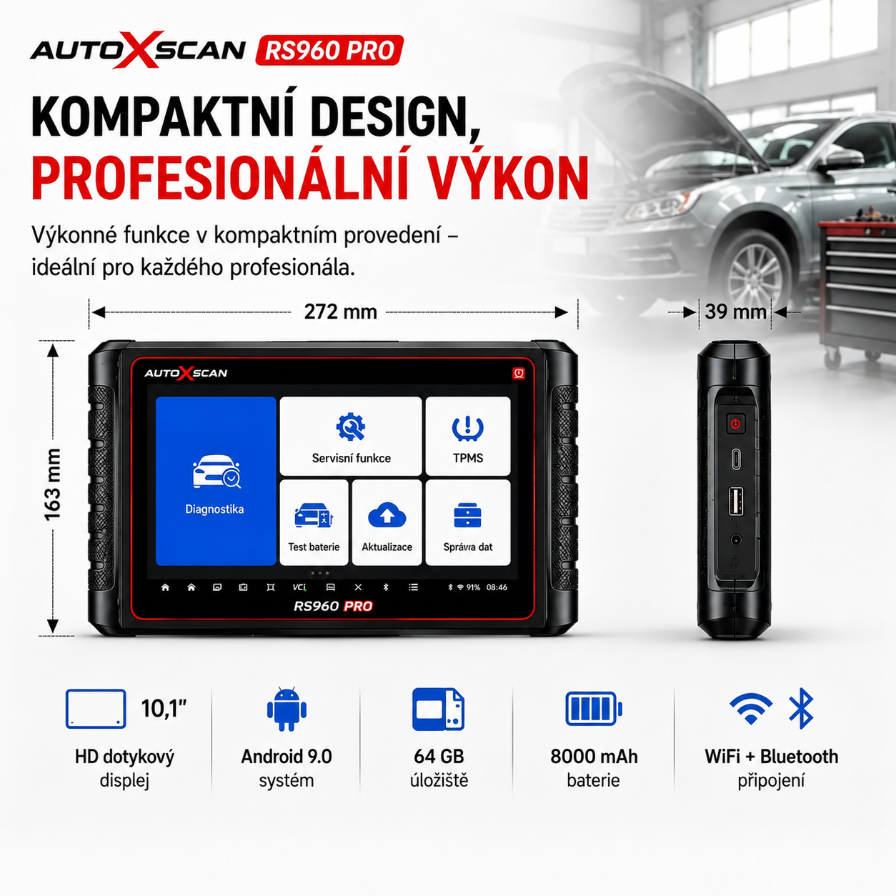 AUTOXSCAN RS960 PRO je profesionální automobilový diagnostický přístroj, který podporuje kompletní diagnostiku systémů, analýzu závad a také diagnostiku a programování systému TPMS. Umožňuje rychlé a přesné odhalení a řešení problémů vozidel.
