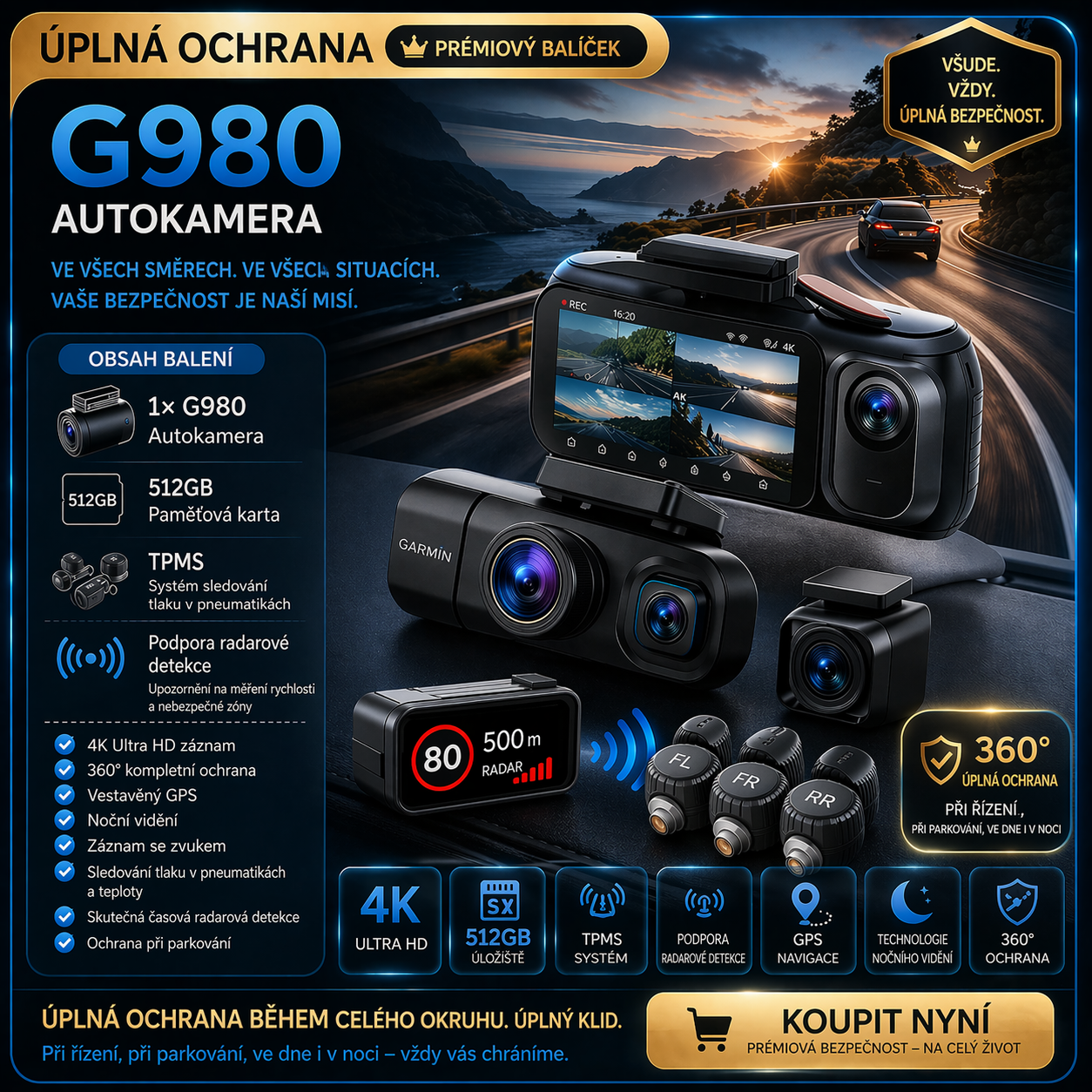 G980 Autokamera – 360° ochrana se 4 kamerami, ostrý 4K Ultra HD záznam