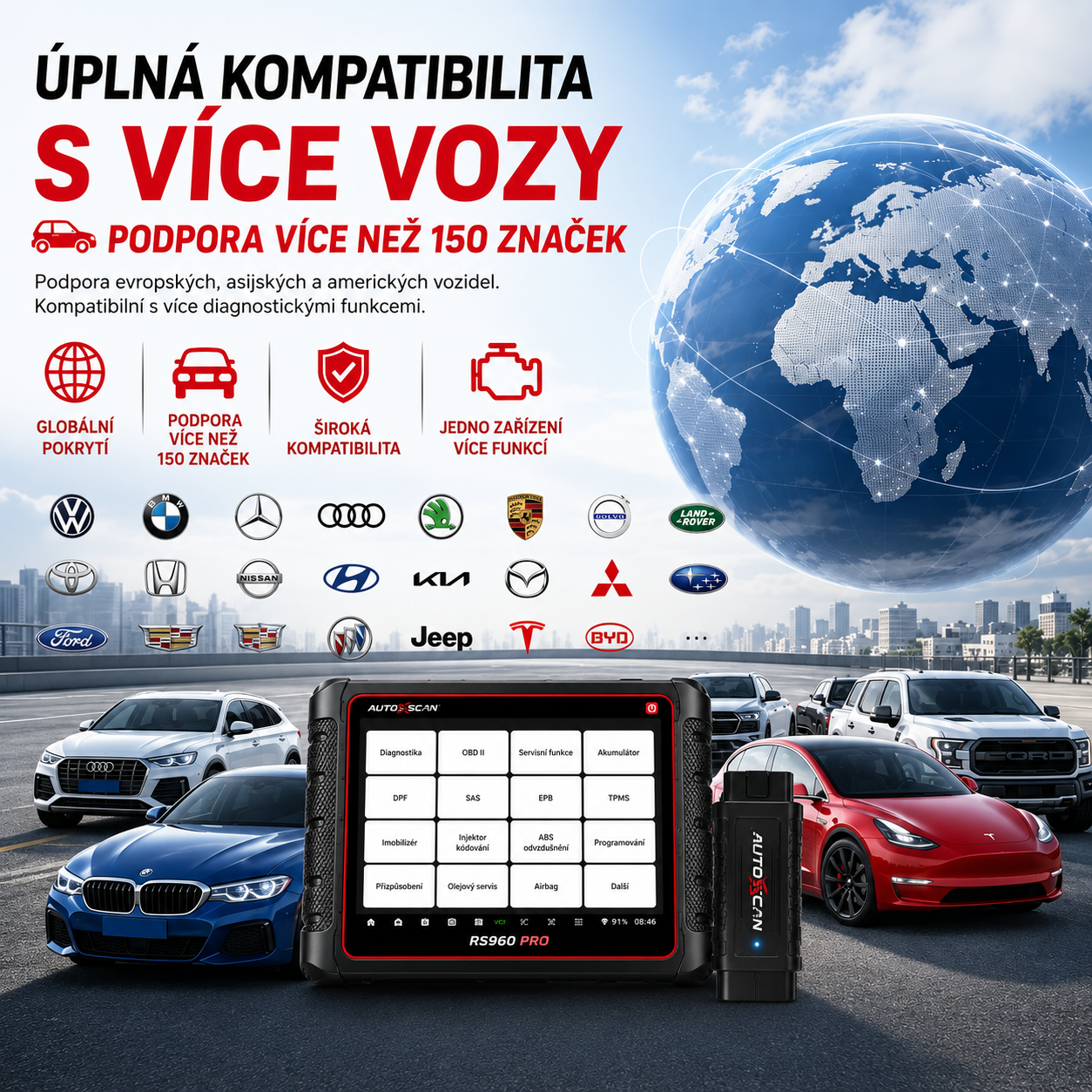 AUTOXSCAN RS960 PRO je profesionální automobilový diagnostický přístroj, který podporuje kompletní diagnostiku systémů, analýzu závad a také diagnostiku a programování systému TPMS. Umožňuje rychlé a přesné odhalení a řešení problémů vozidel.
