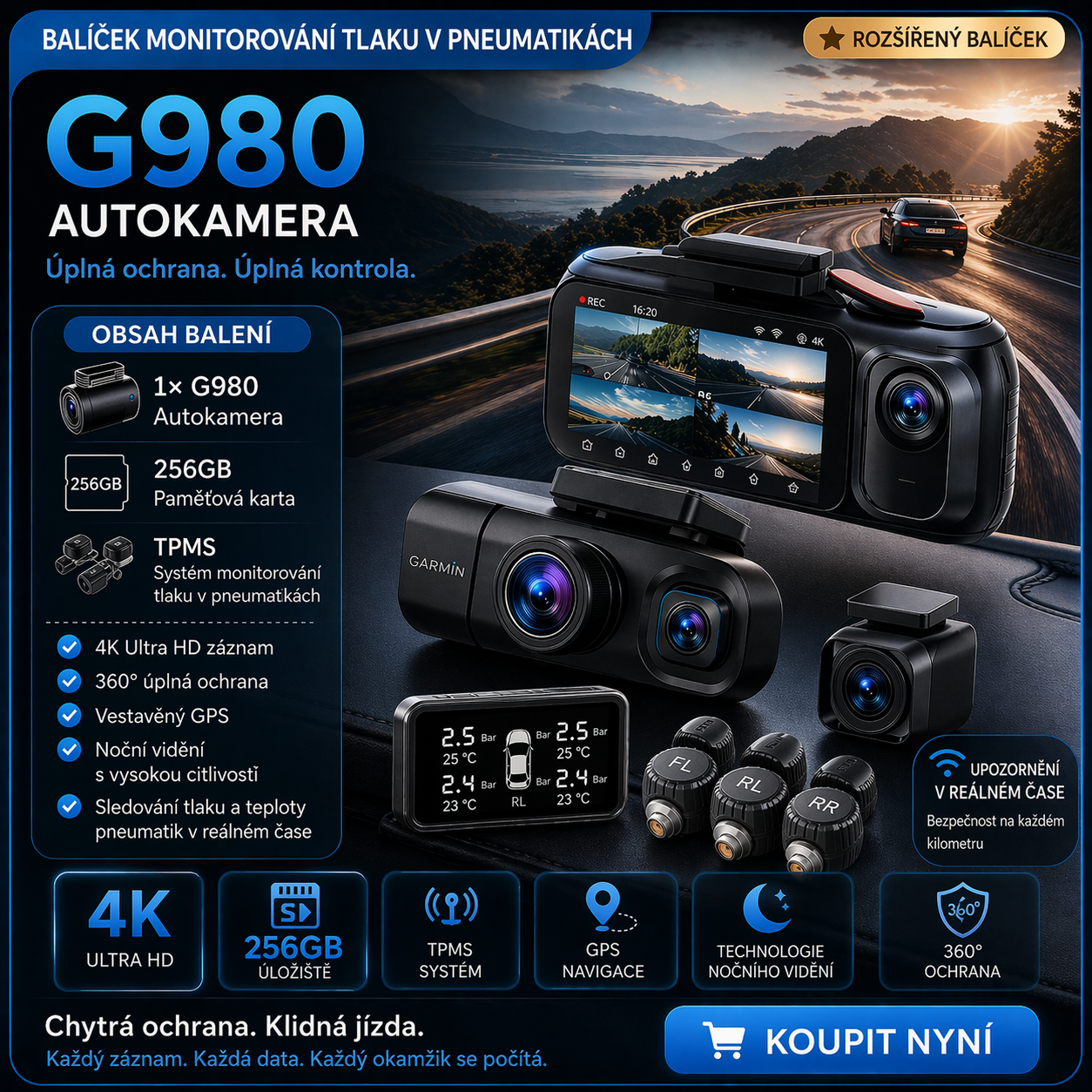 G980 Autokamera – 360° ochrana se 4 kamerami, ostrý 4K Ultra HD záznam