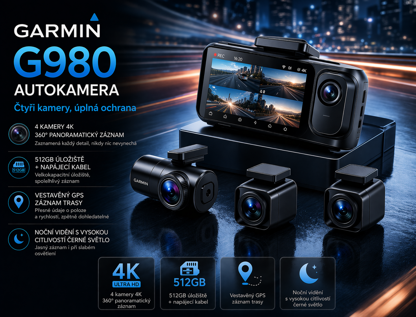 G980 Autokamera – 360° ochrana se 4 kamerami, ostrý 4K Ultra HD záznam