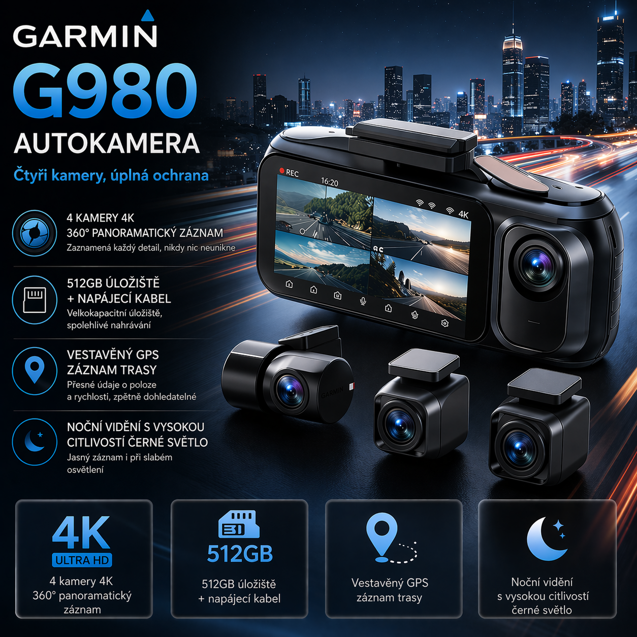 G980 Autokamera – 360° ochrana se 4 kamerami, ostrý 4K Ultra HD záznam