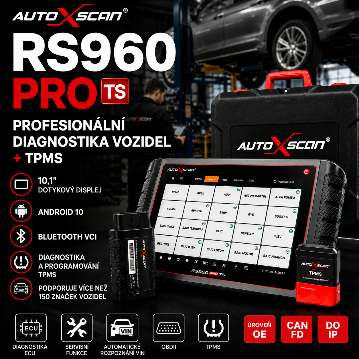AUTOXSCAN RS960 PRO je profesionální automobilový diagnostický přístroj, který podporuje kompletní diagnostiku systémů, analýzu závad a také diagnostiku a programování systému TPMS. Umožňuje rychlé a přesné odhalení a řešení problémů vozidel.