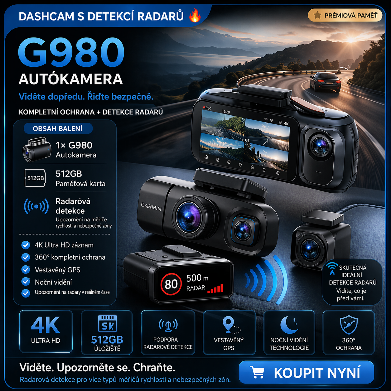 G980 Autokamera – 360° ochrana se 4 kamerami, ostrý 4K Ultra HD záznam