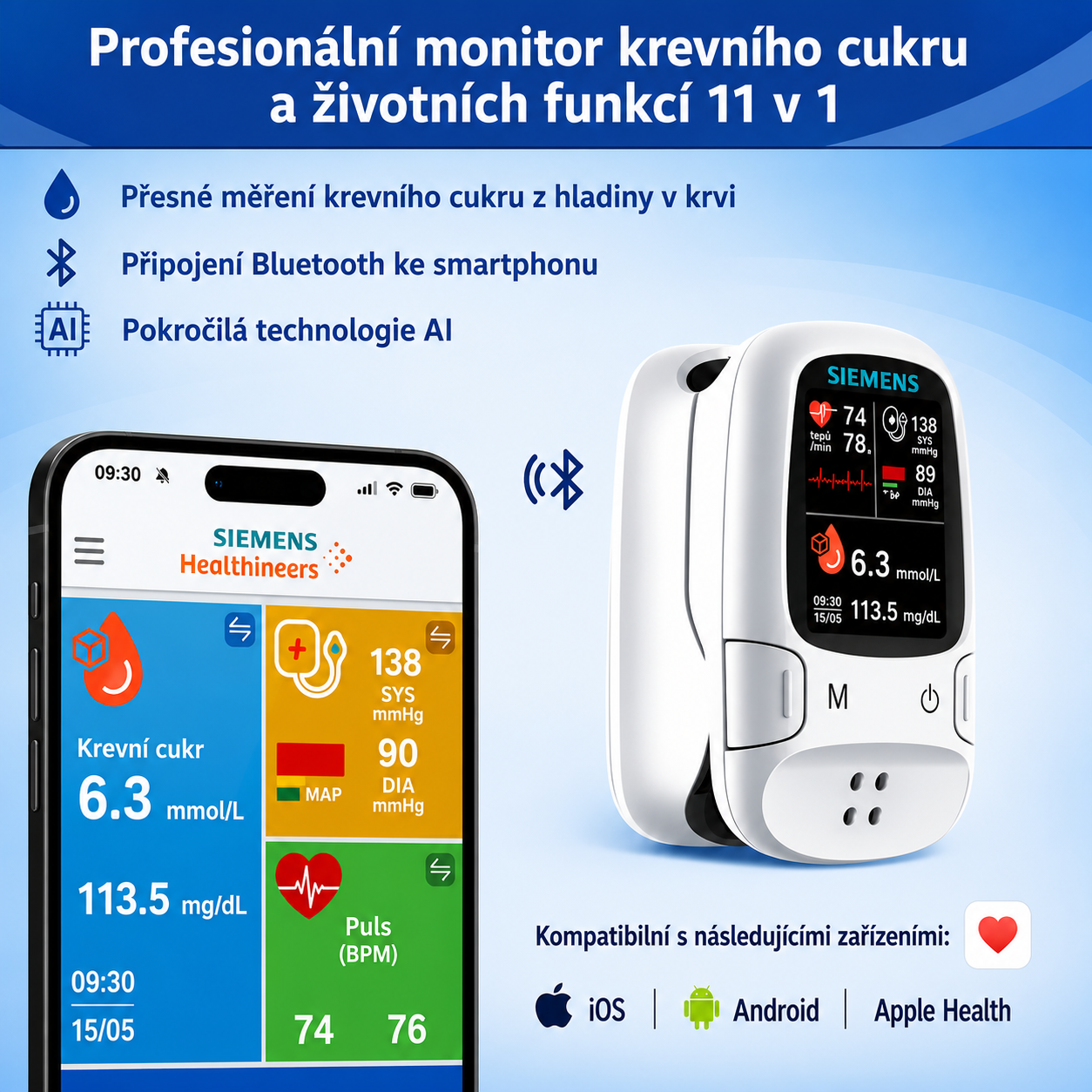 🩸 Bezvpichový glukometr Siemens | Bezbolestné měření glukózy doma 📊