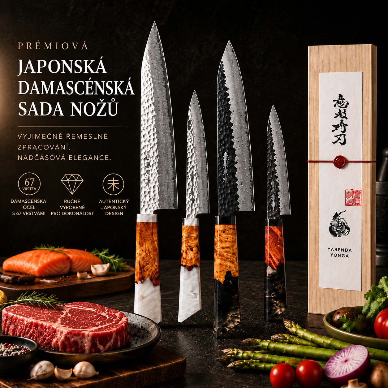 Limitovaná edice: TSUKI® 4dílná ručně vyráběná sada nožů, ostré kuchyňské nože + sada na broušení