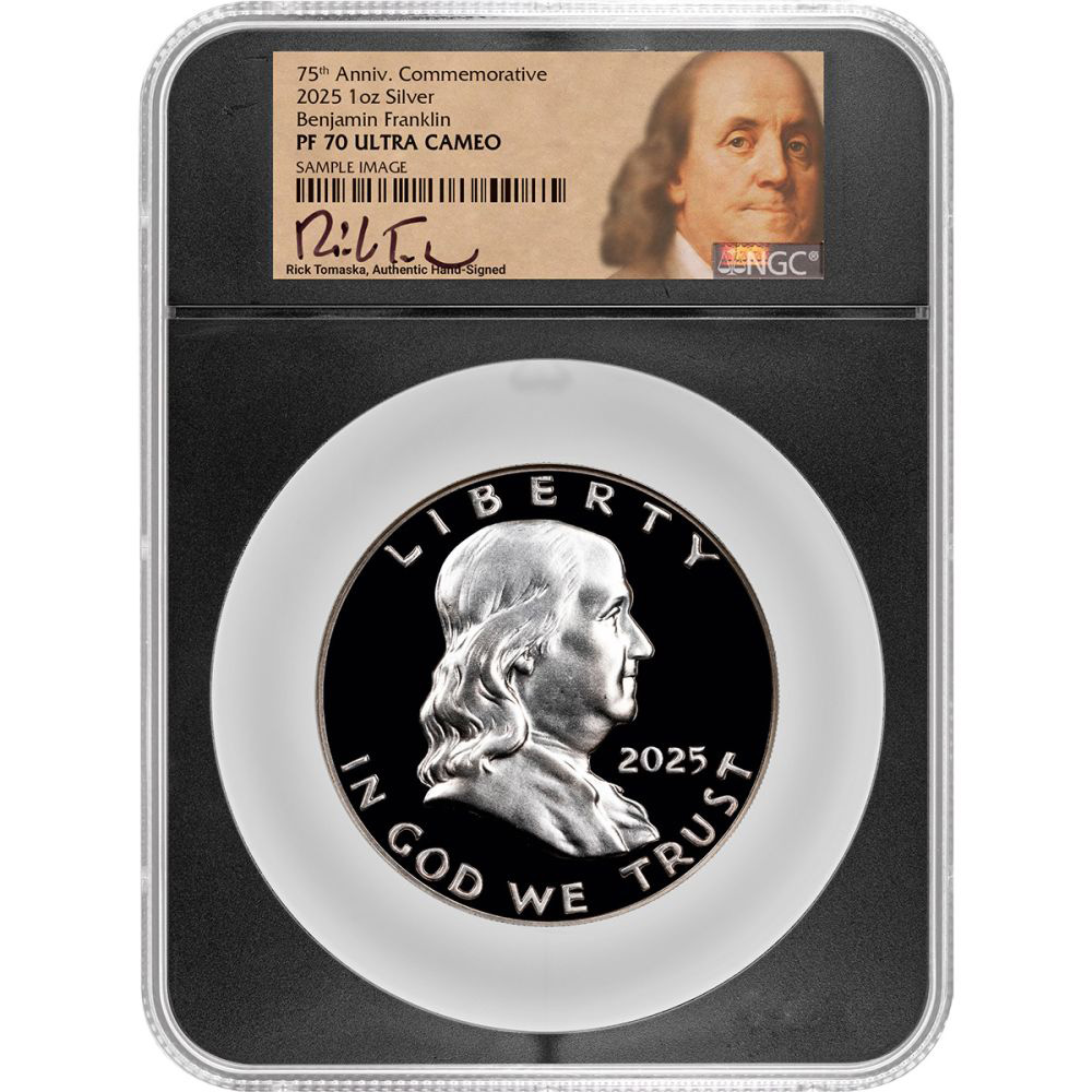 2025 75th Anniversary 1oz Silver Franklin Commem NGC Proof 70 Ultra Cameo