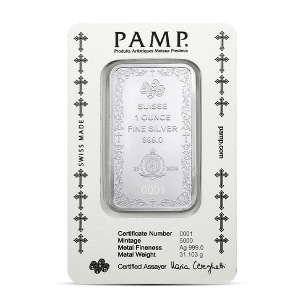 PAMP 1 Troy Oz Christian Cross Silver Bar (In Assay with Box)