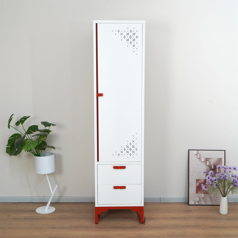 White & Red/Pink Narrow Tall Cabinet