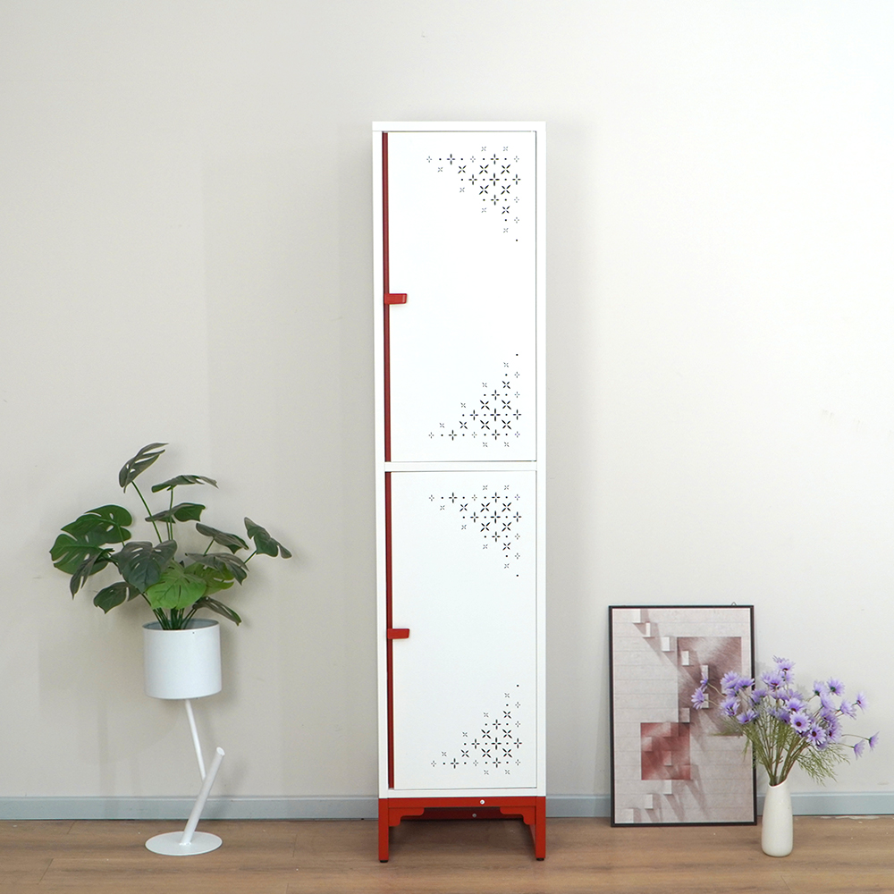 White & Red/Pink Narrow Tall Cabinet