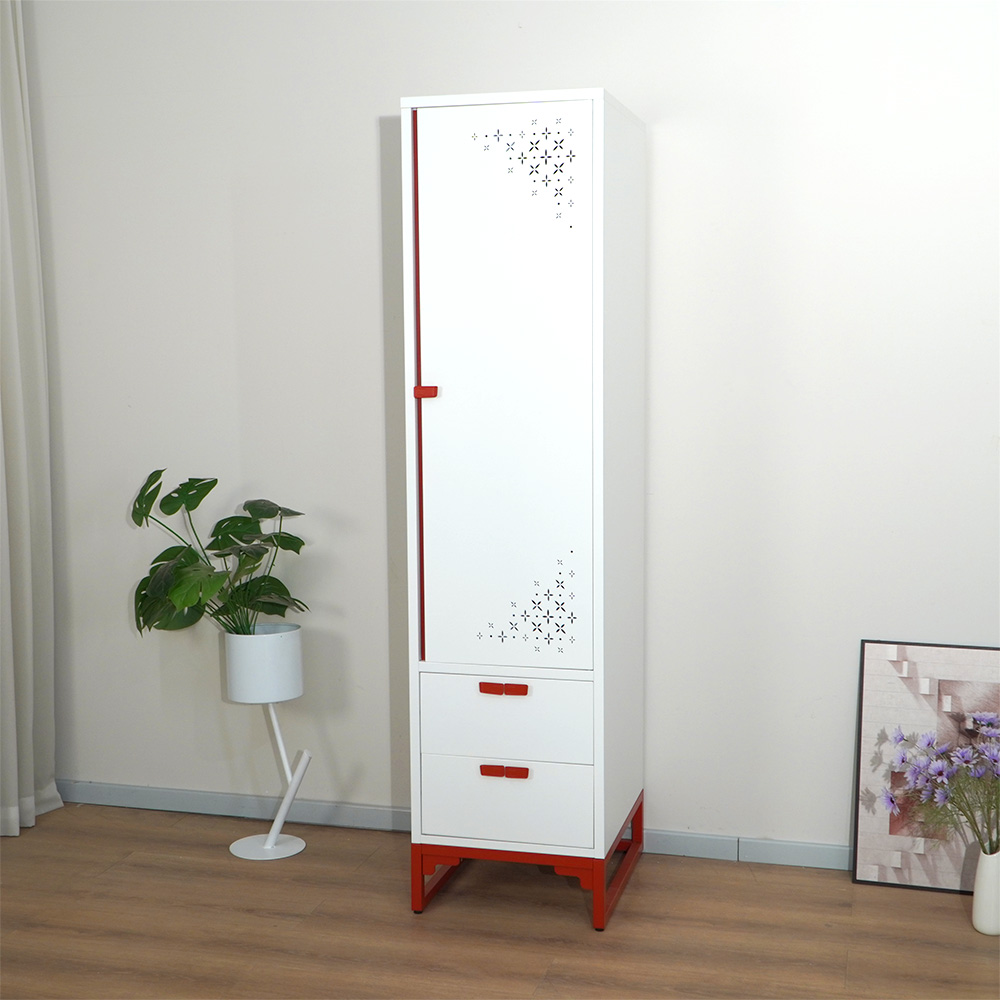 White & Red/Pink Narrow Tall Cabinet