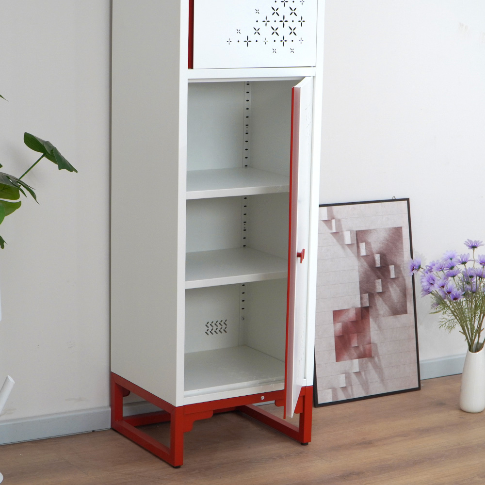 White & Red/Pink Narrow Tall Cabinet