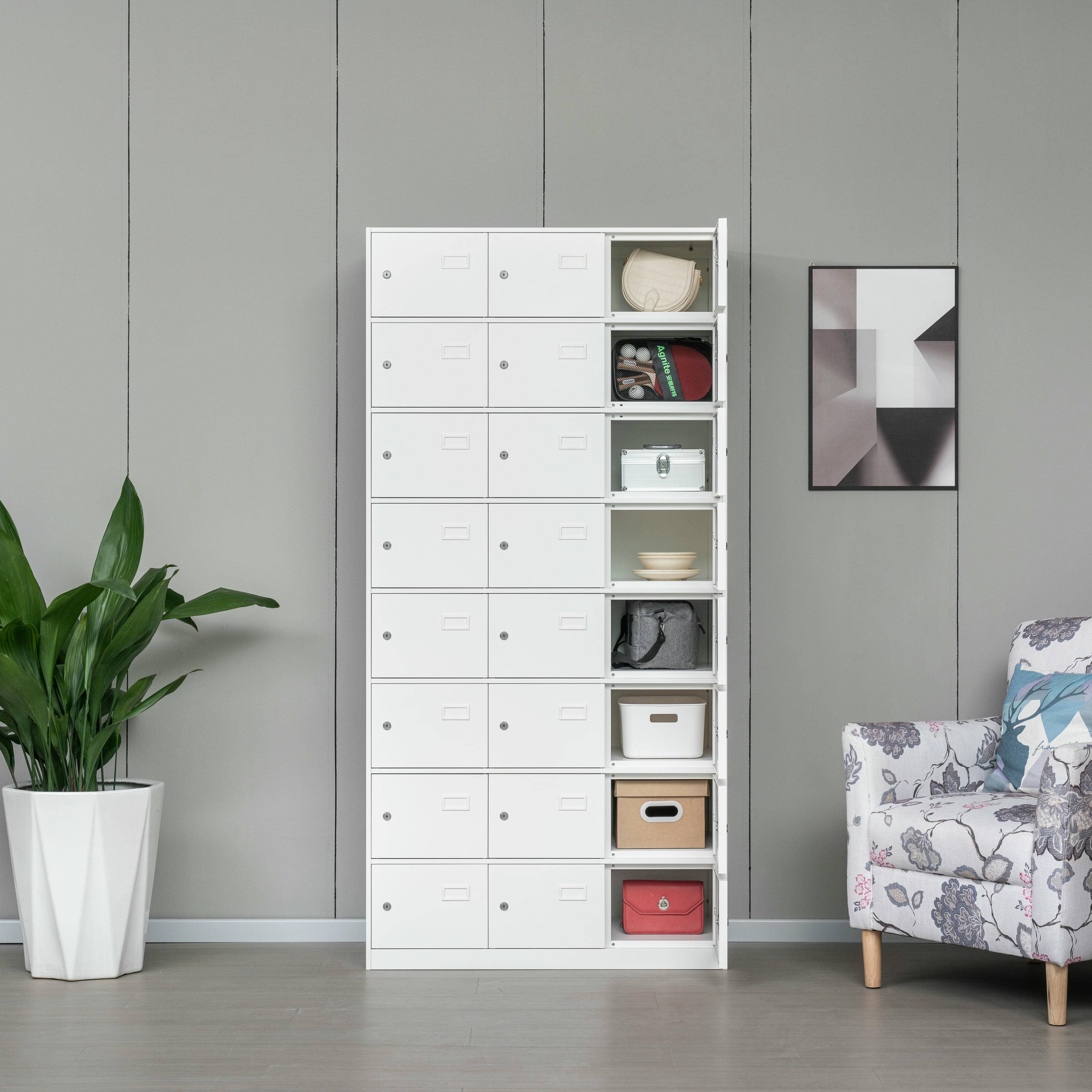 24-door all-white steel locker cabinet