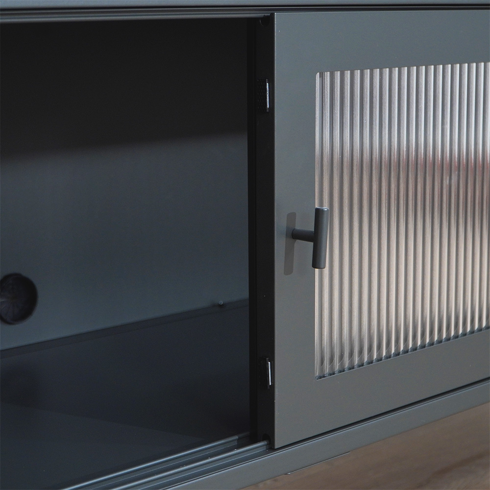 Dark gray metal TV stand