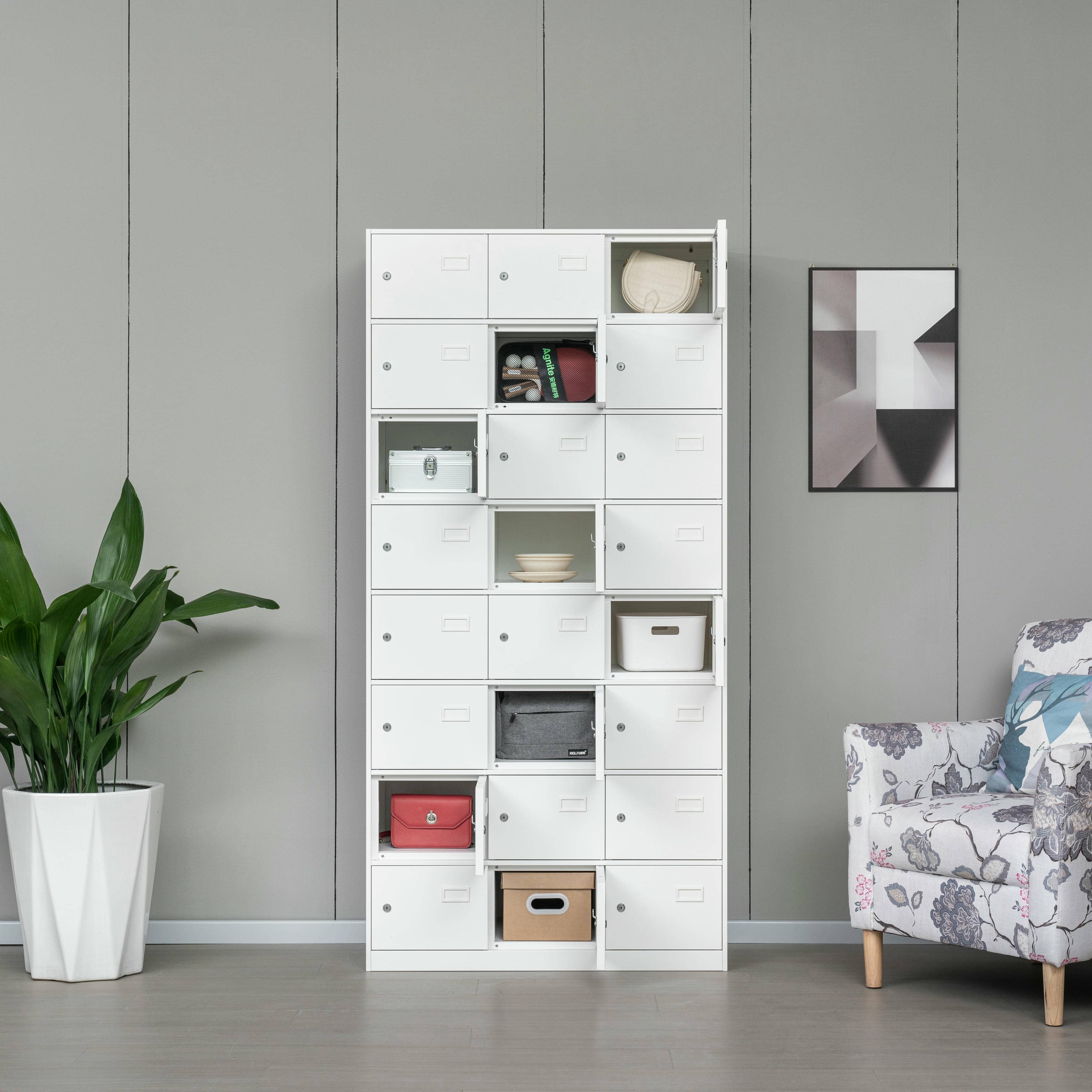 24-door all-white steel locker cabinet