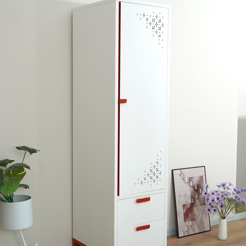 White & Red/Pink Narrow Tall Cabinet