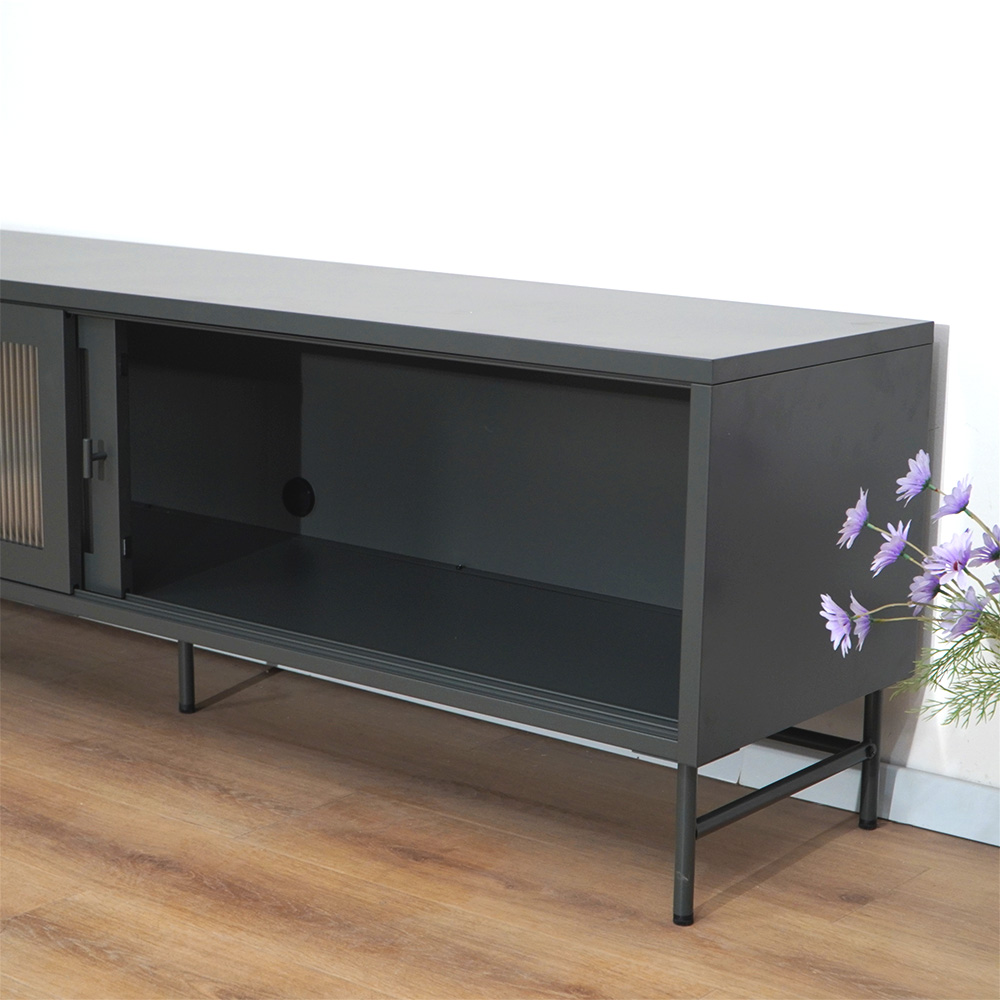 Dark gray metal TV stand