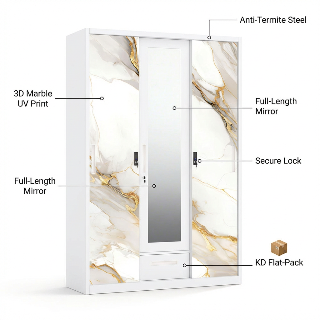 Simple Marble Pattern 3-Door Wardrobe