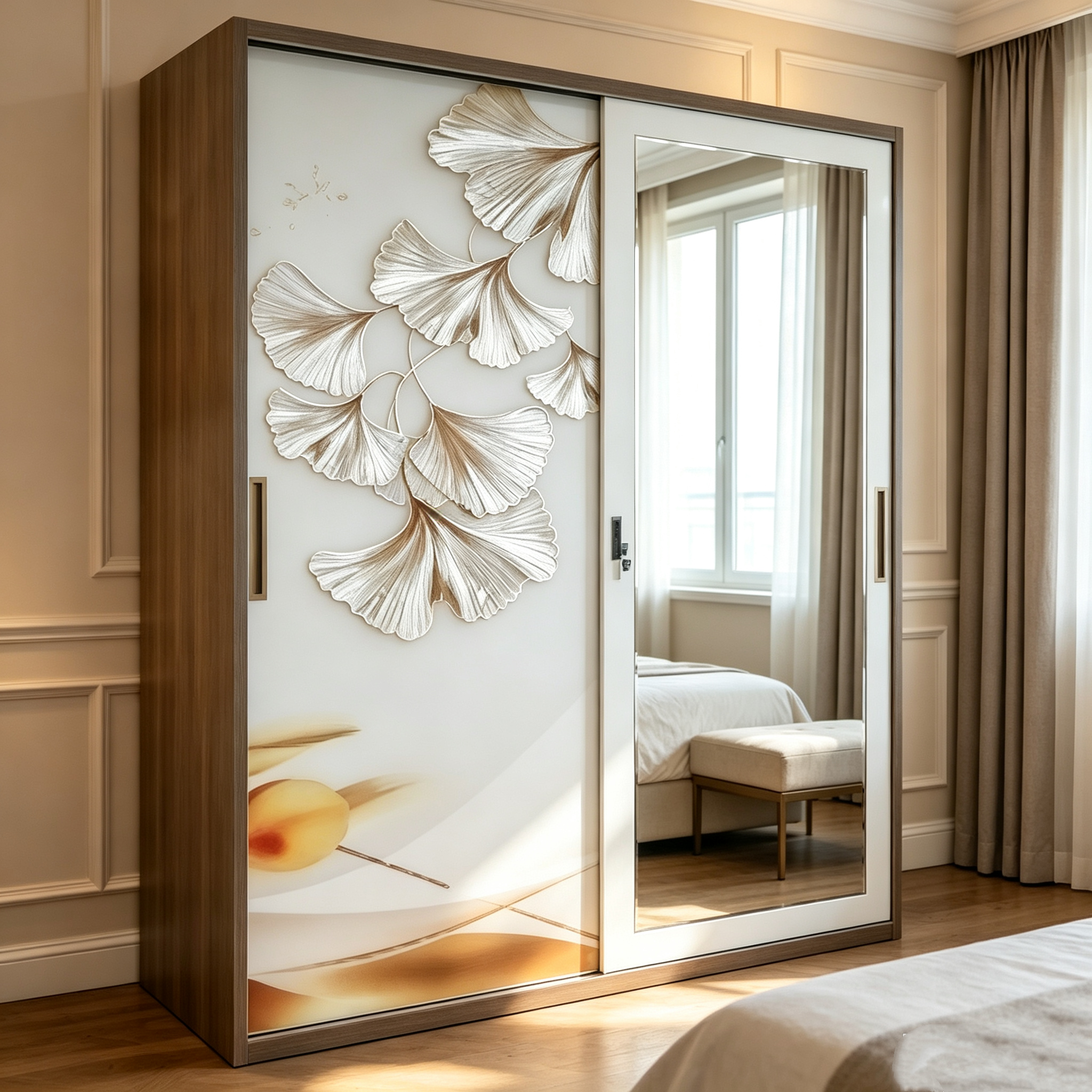 New Chinese Style Ginkgo Printed Sliding Door Wardrobe