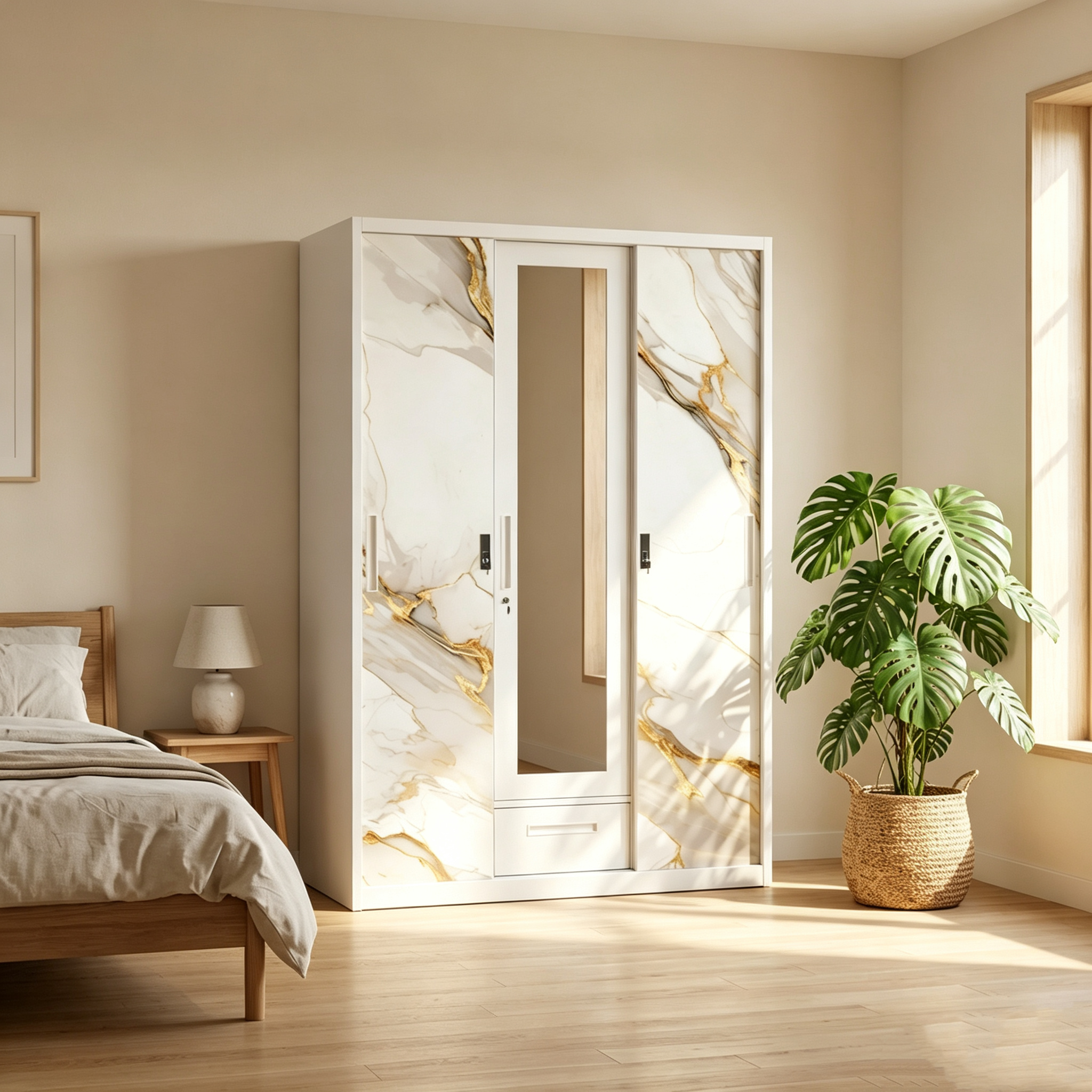 Simple Marble Pattern 3-Door Wardrobe