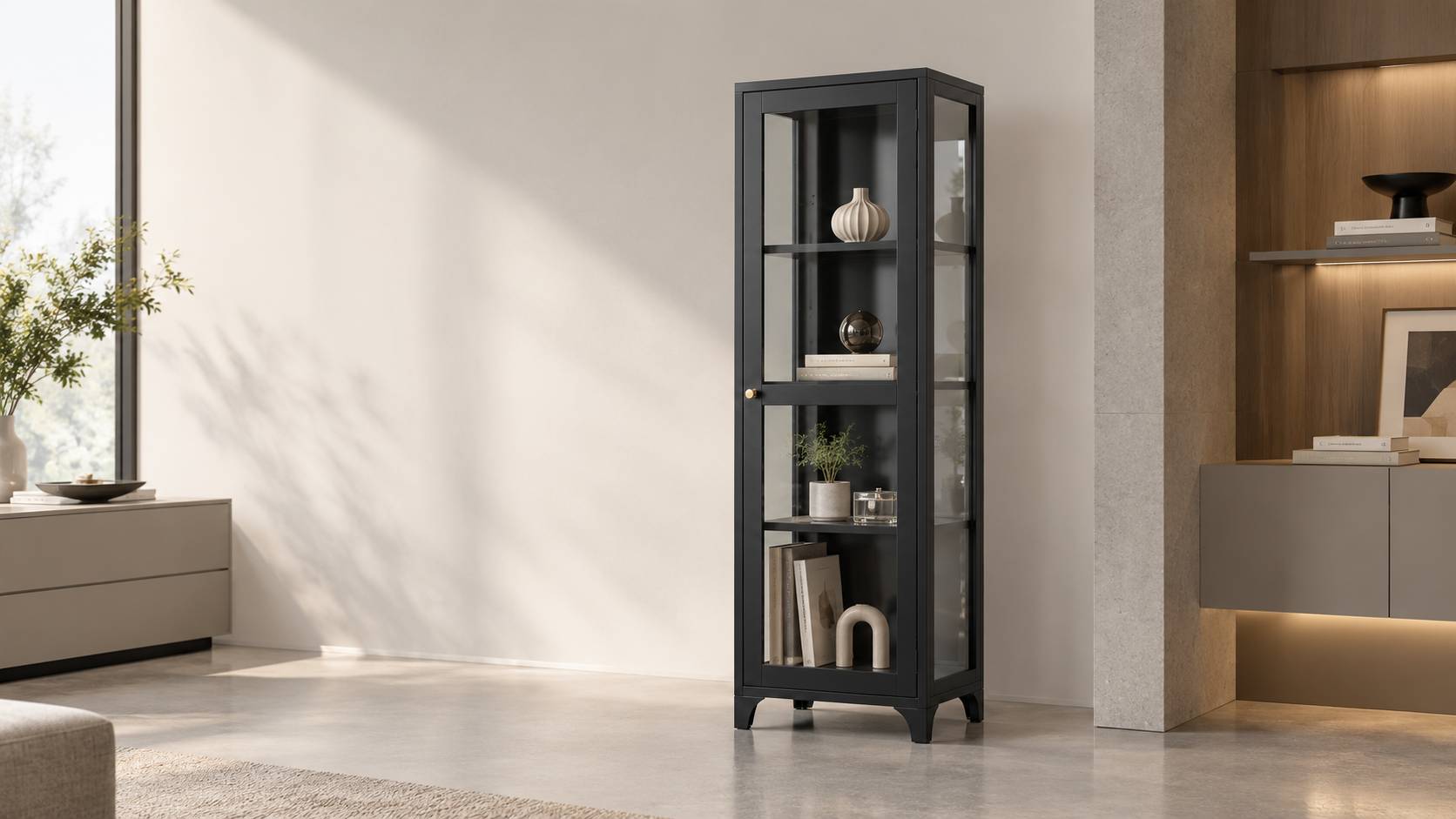 Black tall steel glass display cabinet with adjustable shelves, lockable glass door, raised legs for office showroom sample display