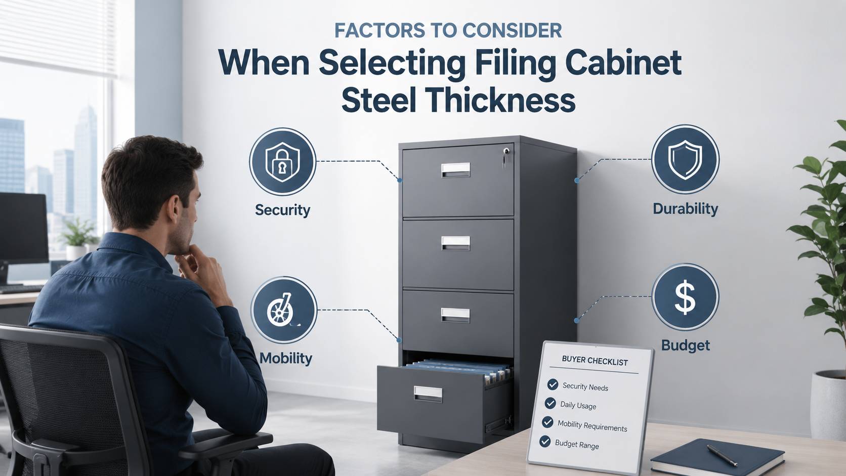 Guide to selecting filing cabinet steel thickness, key buying factors: security, durability, mobility and budget for office metal storage cabinets