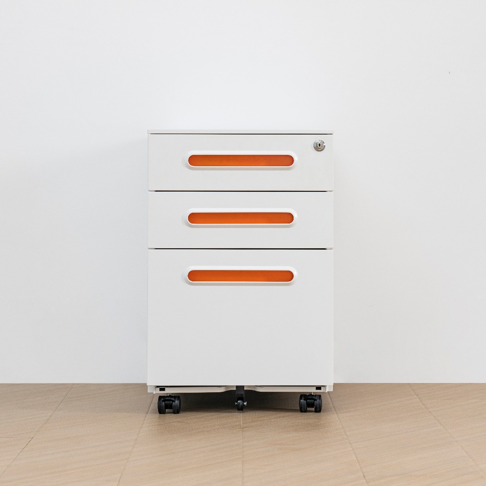 Minimalist Steel Mobile Filing Cabinet with Curved Orange Handles and Three Drawers（Price On Request）