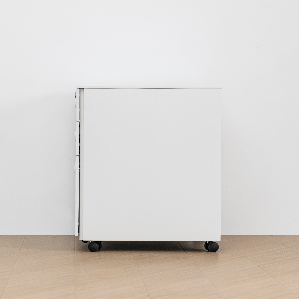 Minimalist Steel Mobile Filing Cabinet with Curved Orange Handles and Three Drawers（Price On Request）