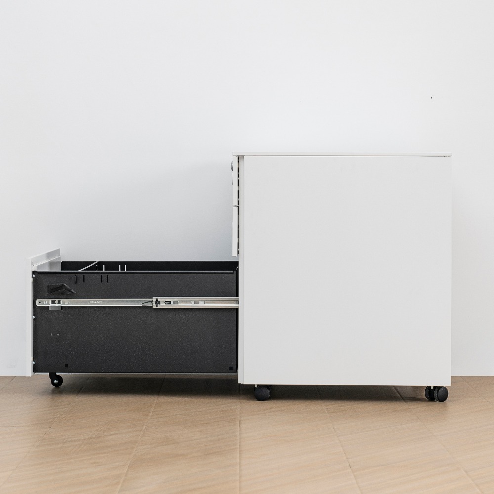Minimalist Steel Mobile Filing Cabinet with Curved Orange Handles and Three Drawers（Price On Request）