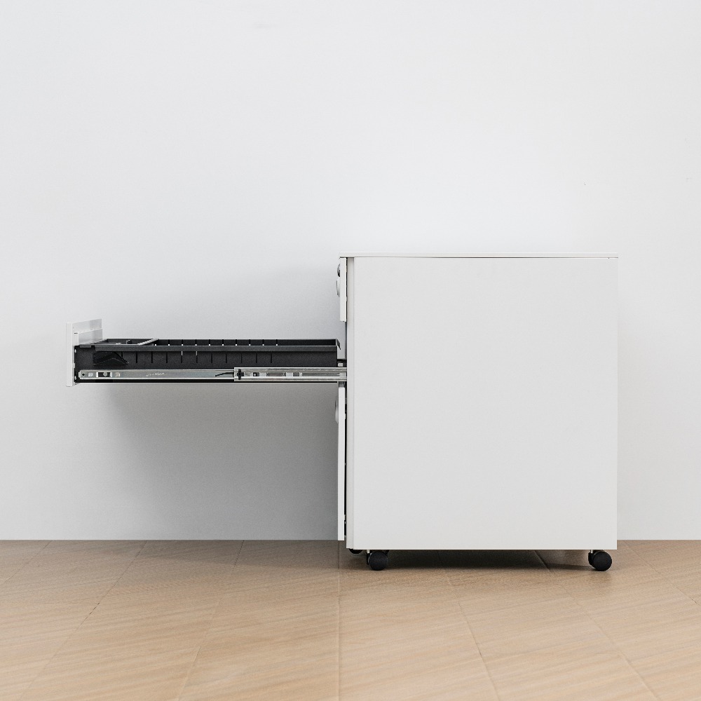 Minimalist Steel Mobile Filing Cabinet with Curved Orange Handles and Three Drawers（Price On Request）