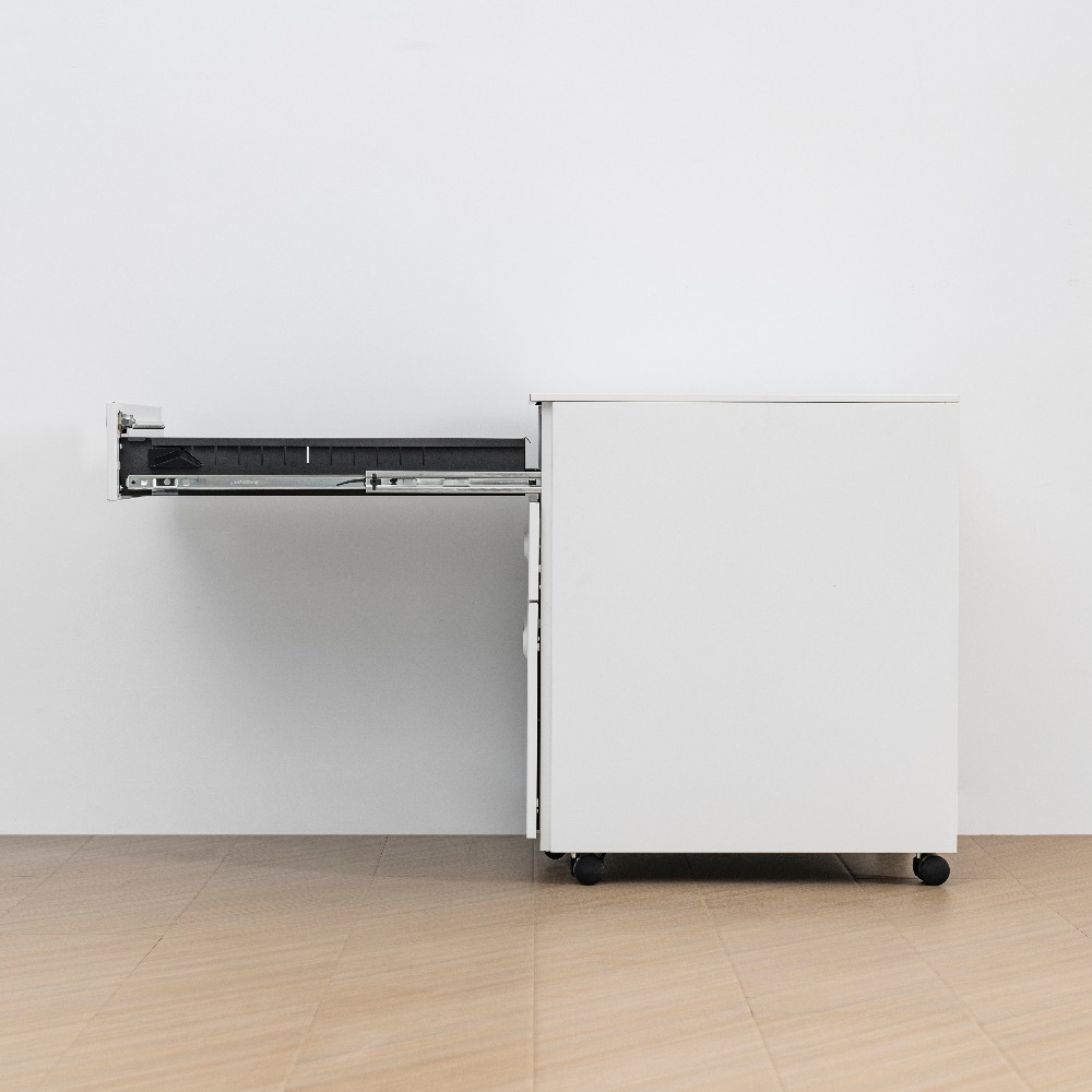Minimalist Steel Mobile Filing Cabinet with Curved Orange Handles and Three Drawers（Price On Request）