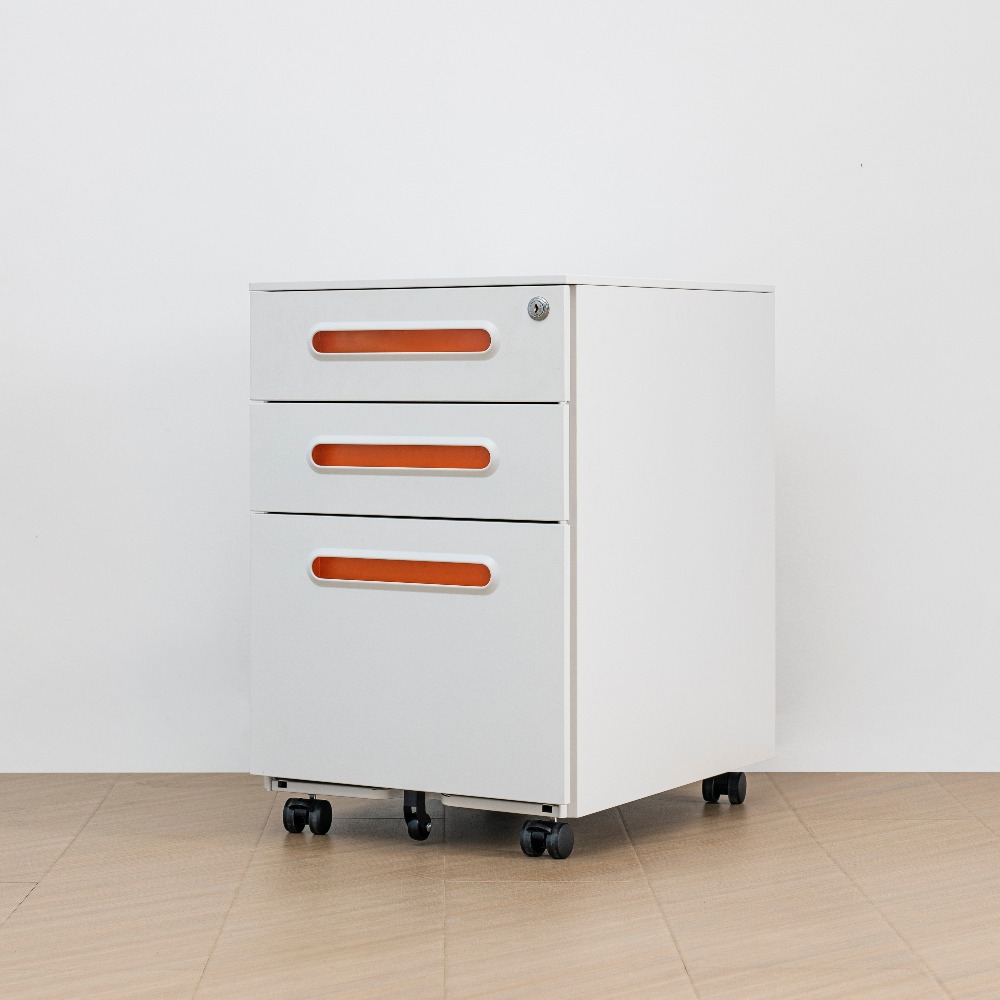 Minimalist Steel Mobile Filing Cabinet with Curved Orange Handles and Three Drawers（Price On Request）