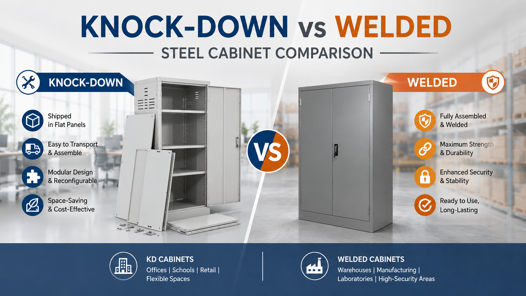 Knock down vs welded steel cabinet comparison for wholesale commercial storage