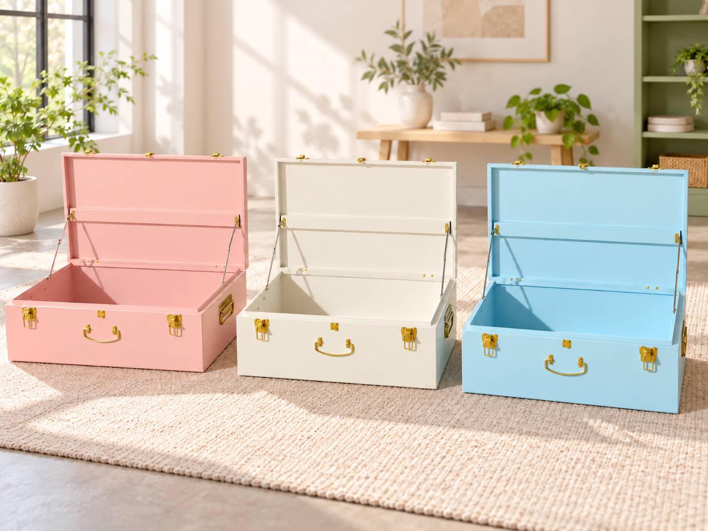 Open metal storage trunks showing spacious interiors and hinged lids with support arms