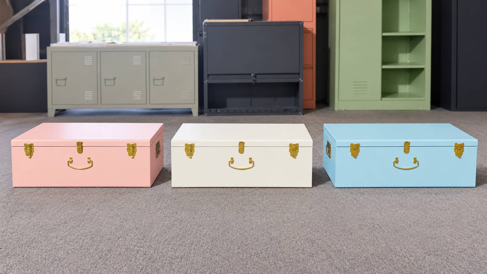 Three pastel metal storage trunks in pink, white and blue with gold-tone hardware
