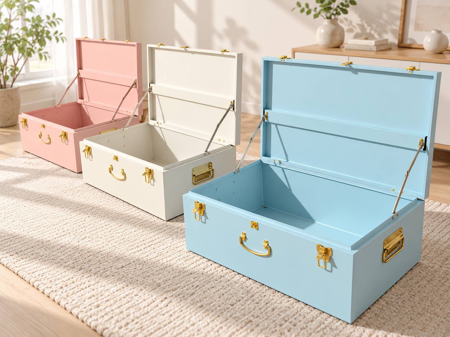 Open pastel metal storage trunks with side handles, gold latches and lid support arms
