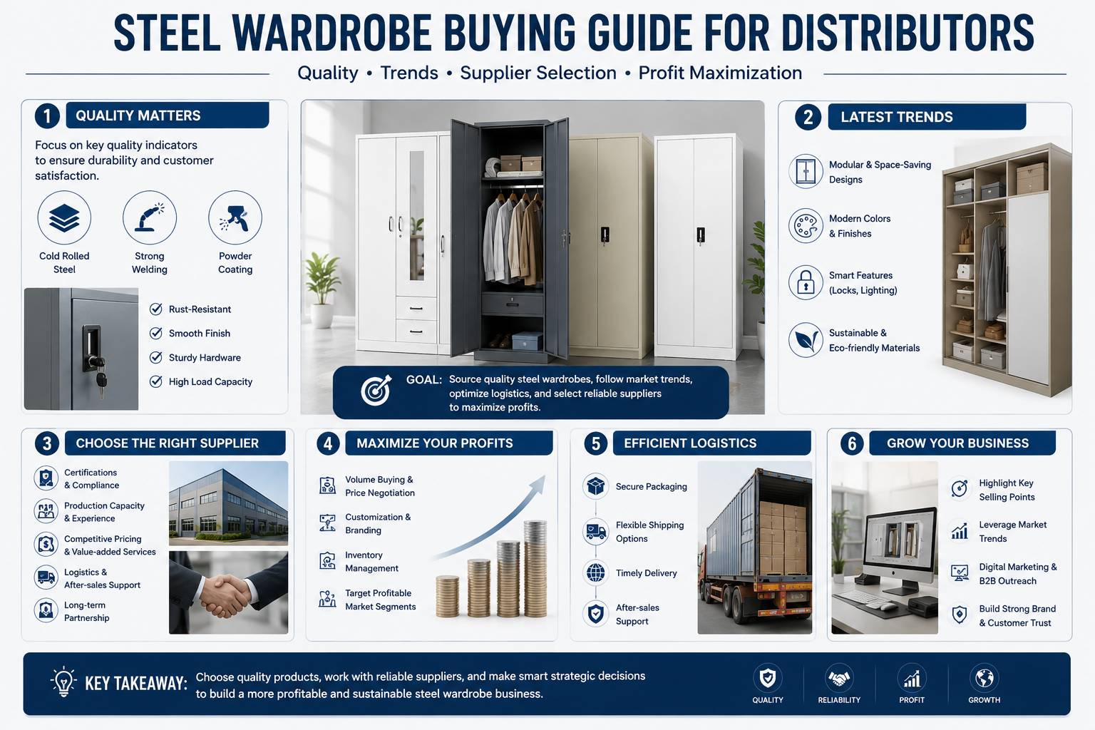 Infographic buying guide for steel wardrobe distributors covering quality, trends, supplier selection, logistics and profit growth