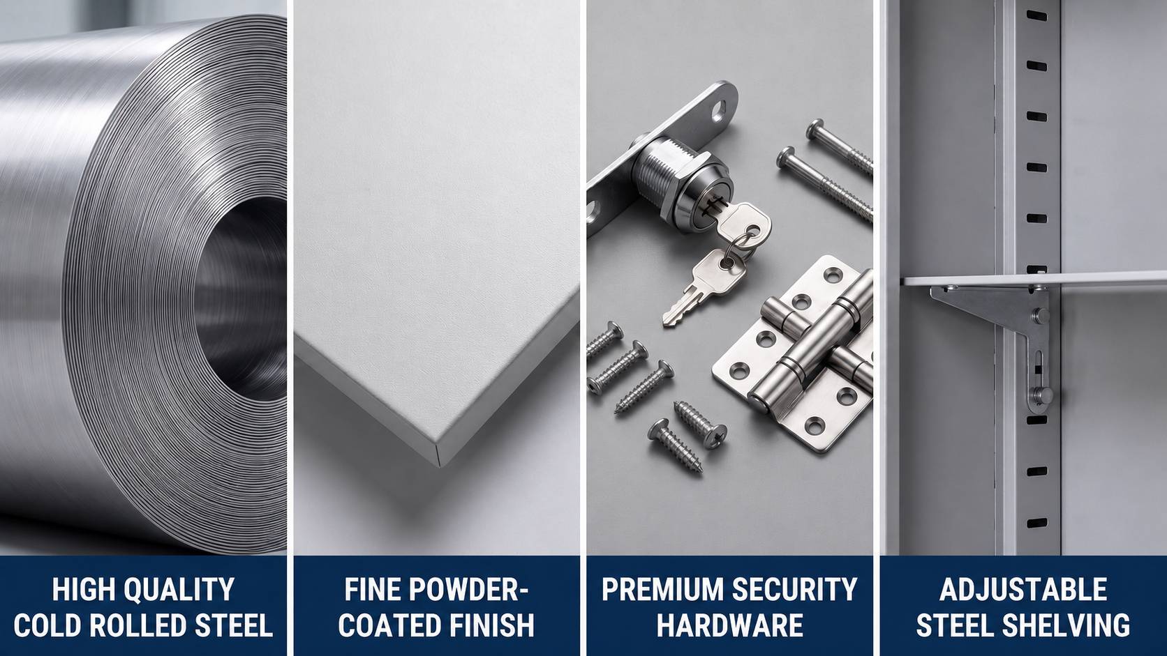 Premium raw materials for steel wardrobe: cold‑rolled steel coil, powder‑coated panel, security lock hardware and adjustable metal shelving