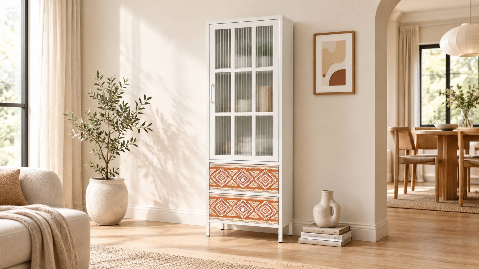 White steel reeded glass display cabinet with drawers, customizable metal glass storage cabinet for commercial interior B2B project