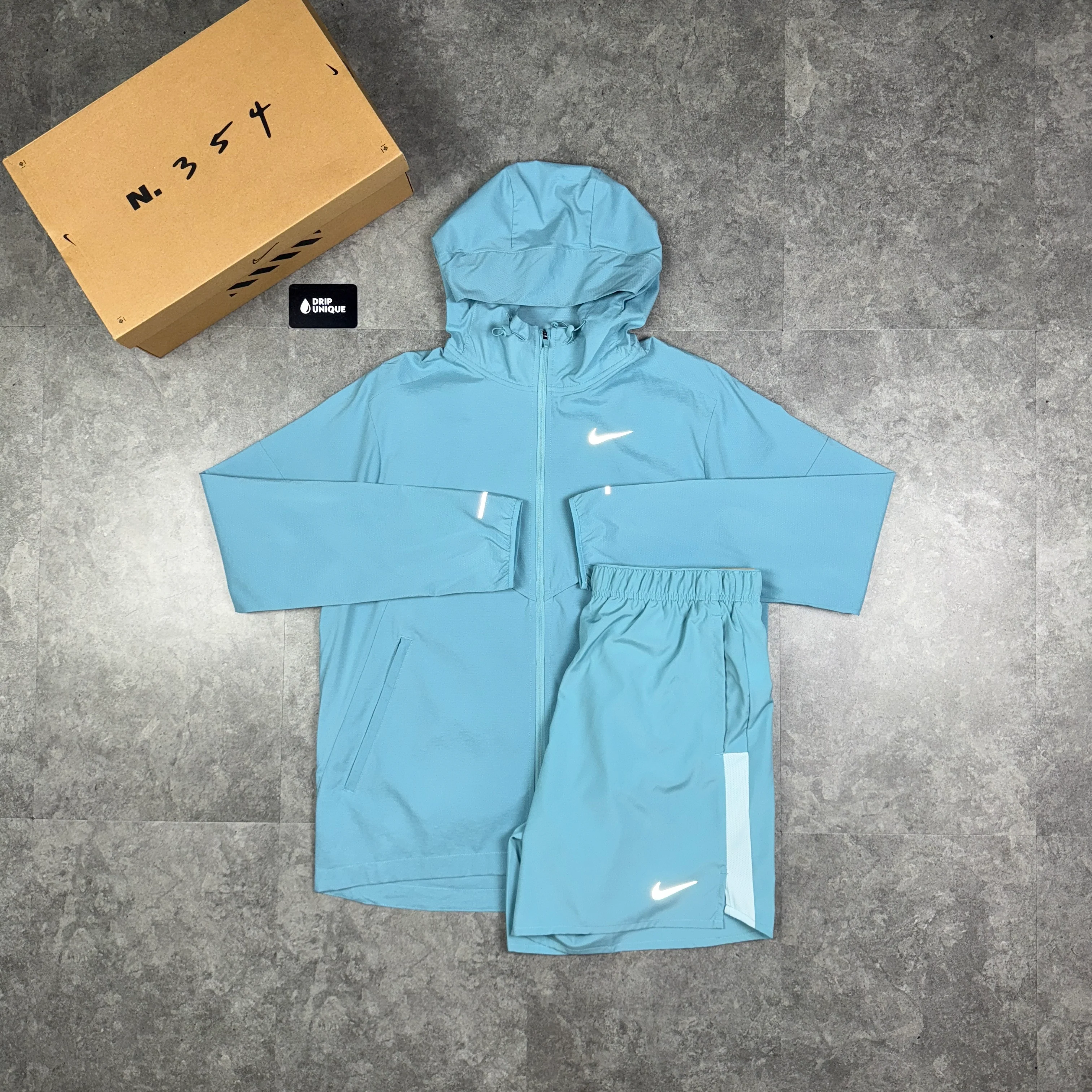 Nike UV Windrunner Jacket Denim Turquoise & Denim Challenger Shorts Set