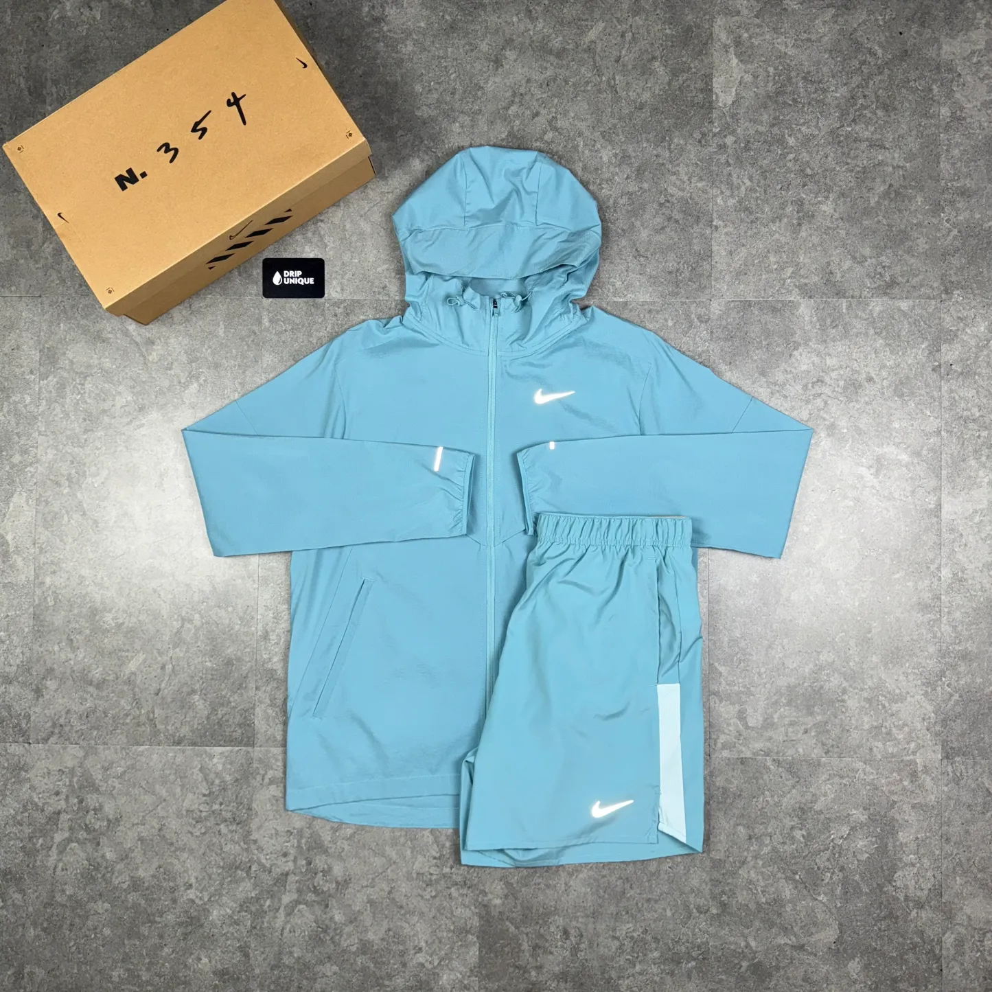 Nike UV Windrunner Jacket Denim Turquoise & Denim Challenger Shorts Set