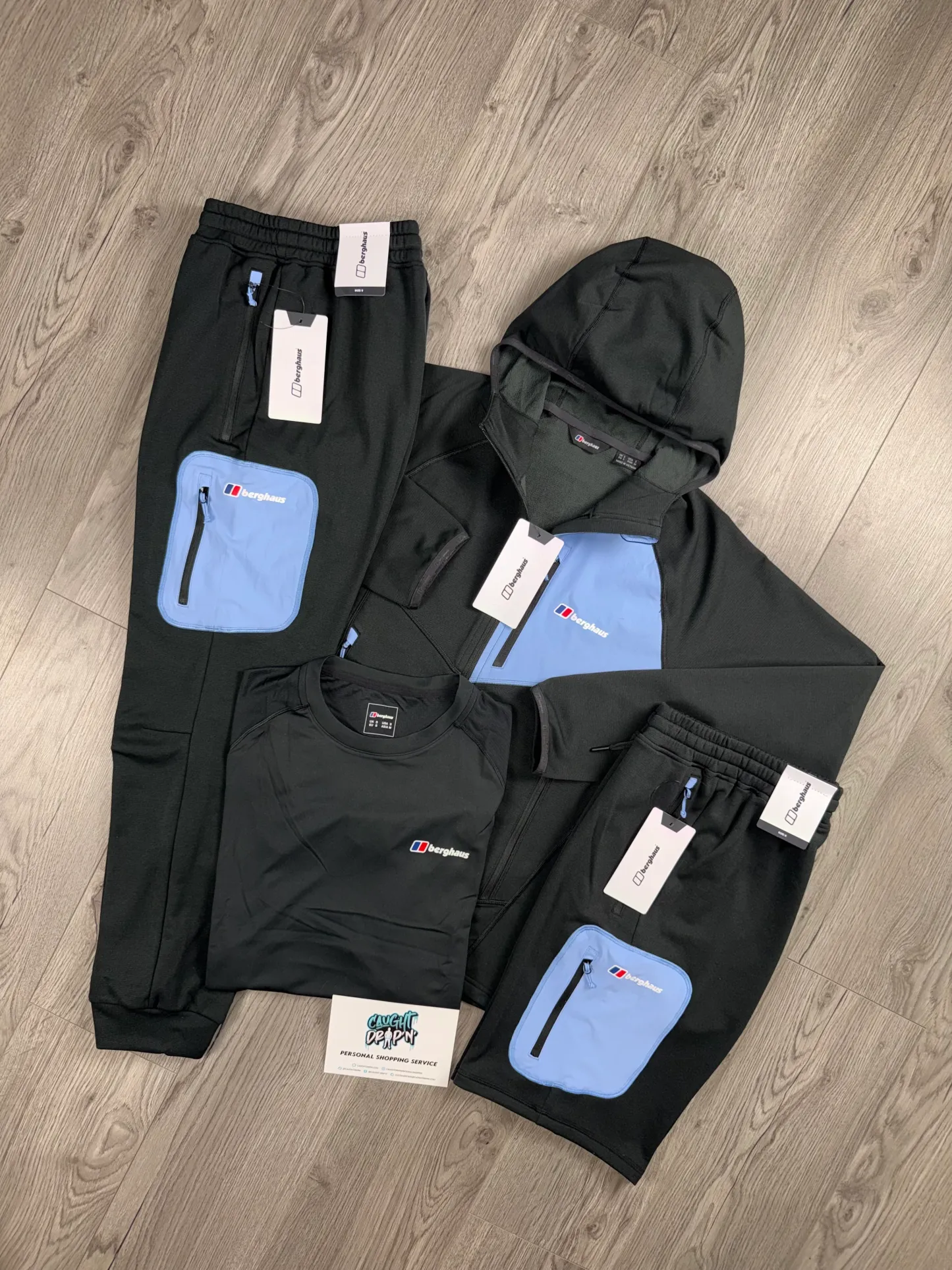 Berghaus 4 Piece Full Zip Black, Baby Blue Tracksuit | Shorts Set