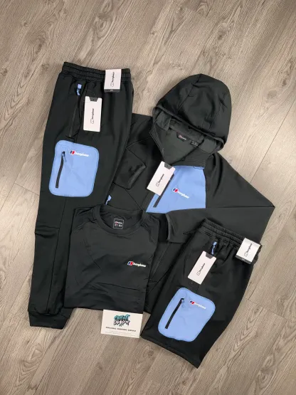 Berghaus 4 Piece Full Zip Black, Baby Blue Tracksuit | Shorts Set
