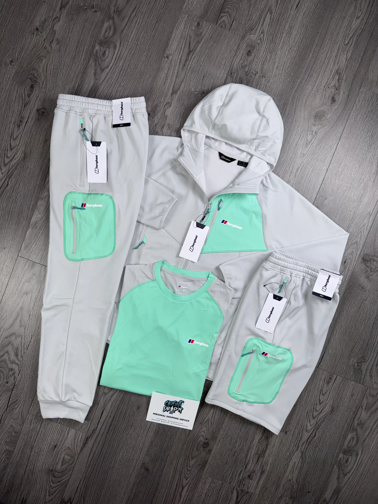 Berghaus 4 Piece Full Zip Light Grey, Mint Tracksuit | Shorts Set