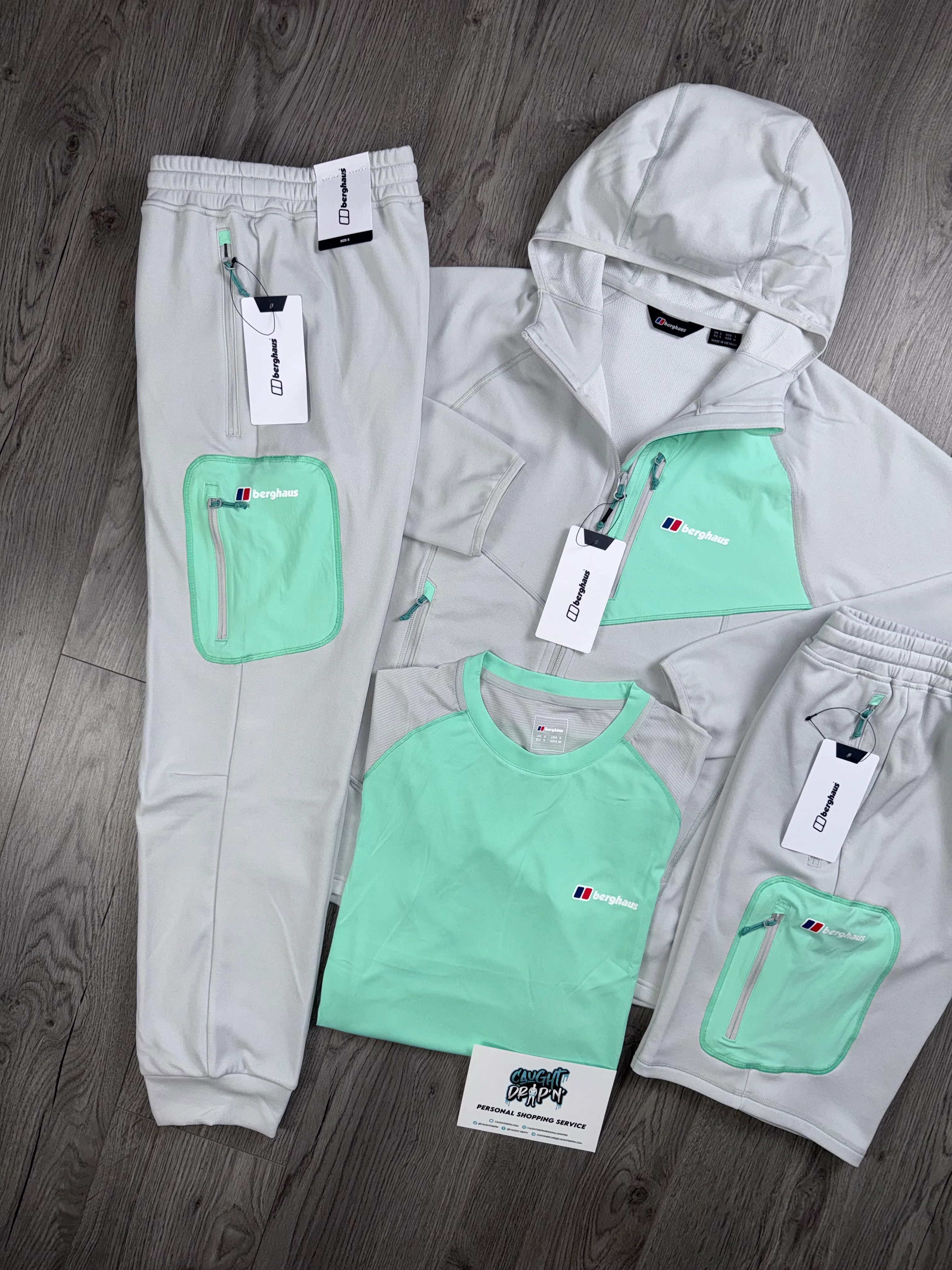 Berghaus 4 Piece Full Zip Light Grey, Mint Tracksuit | Shorts Set