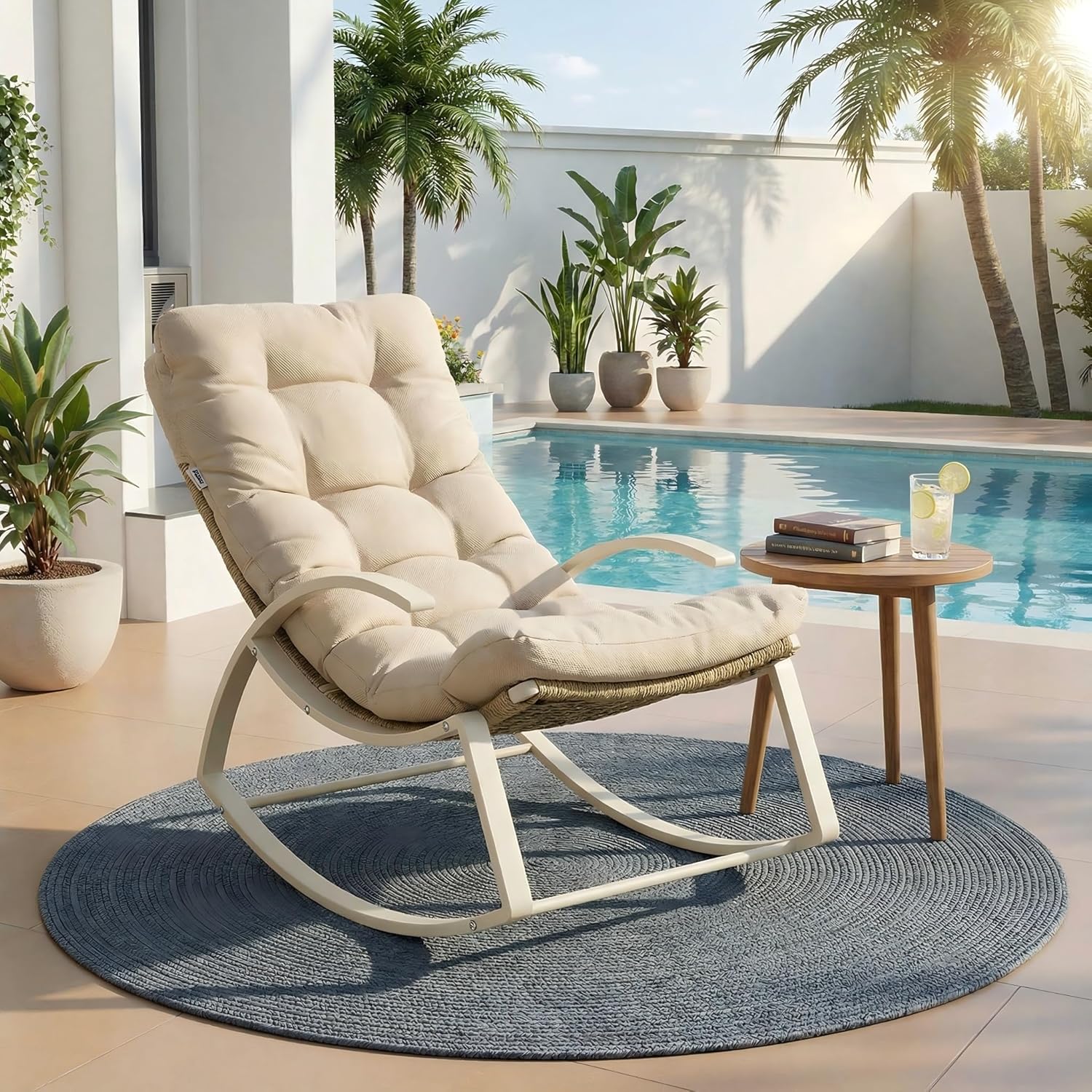 Outdoor Rocking Chair with Armrest and Cushion