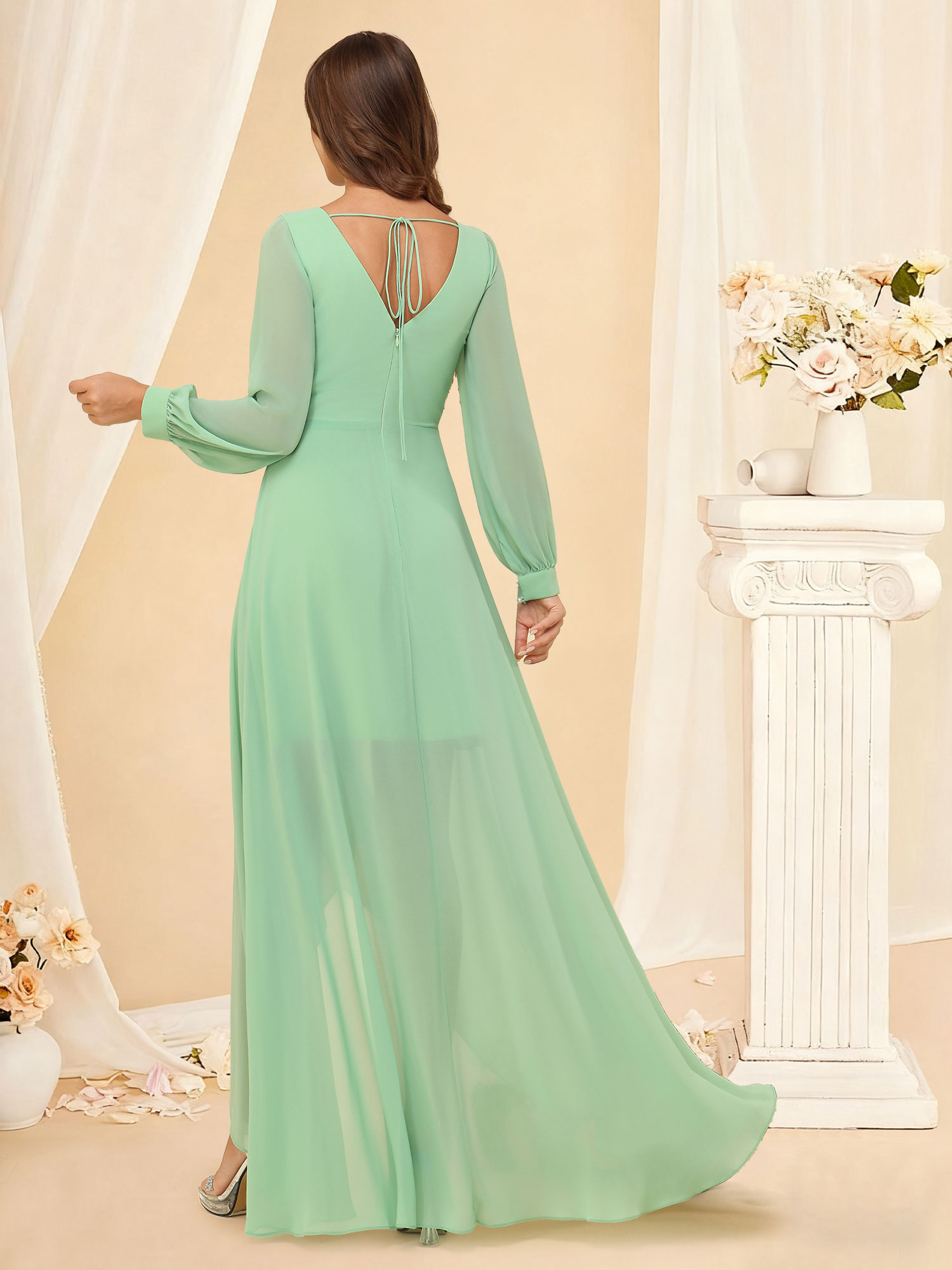 A-Line V-neck Ruffles High Low Chiffon Long Sleeves Bridesmaid Dress #RDBM2507136